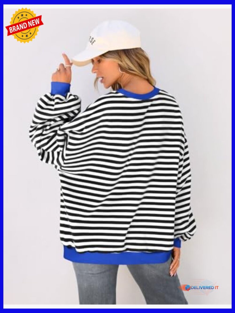 Oversized Crewneck Sweatshirt Dropped Shoulders Striped Pullover Long Sleeve Top - Picture 4 of 7